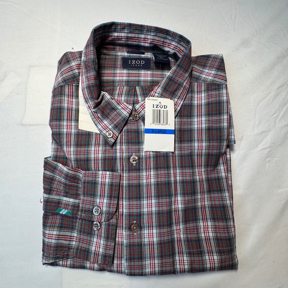 IZOD Button Down Shirt Long Sleeve XL Plaid Red Green Blue NWT